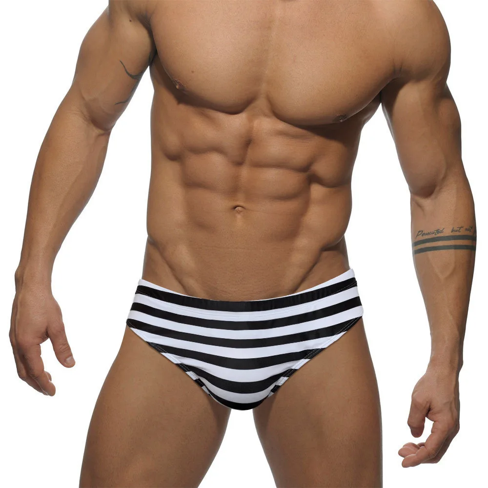 Men's Striped Swimsuit with Cup Triangle Fashion Youth Beach Sports Professional Swimsuit 10032zb