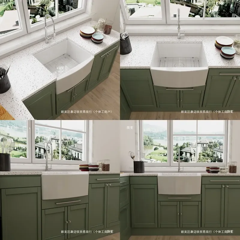 For Modern American Kitchen Ceramic Wash Basin Vintage Household Sink Semi-recessed Front Farmhouse Style Durable Easy Clean