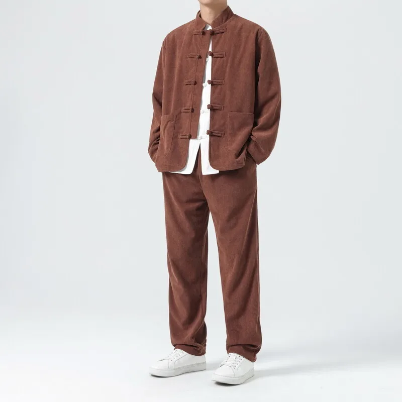 Men Corduroy Sets Men Tang Suit Jackets +Pants Male Kung Fu Traditional Chinese Top & Bottom Sets Men Tai Chi Hanfu Tracksuit