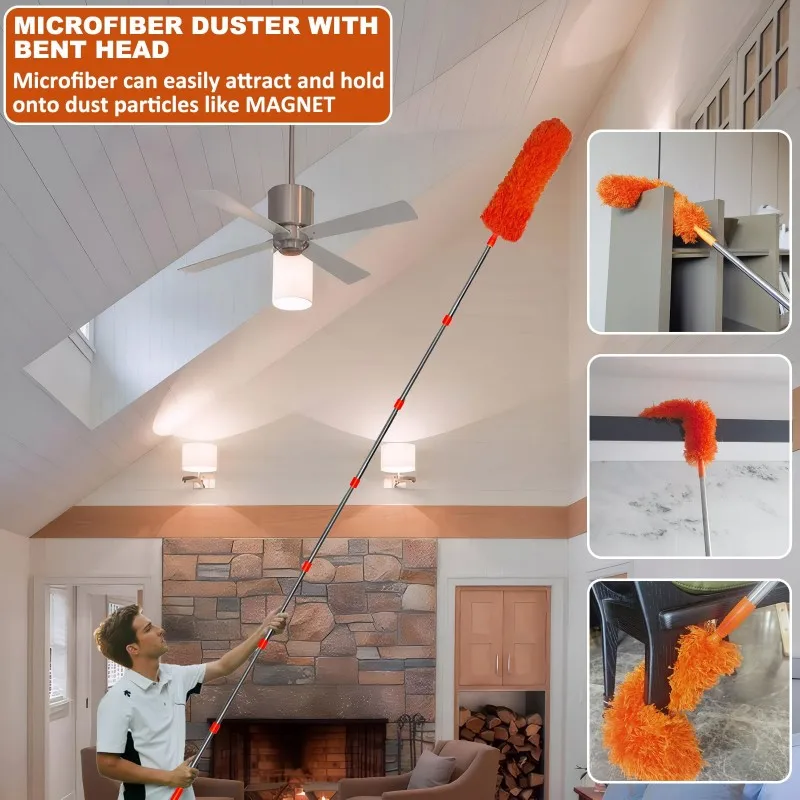 ABMI-Extendable Handle High Reach Duster Kit-Window Cleaner, Squeegee, Cobweb Removal, Fan Blade& Feather Dusting Tools,