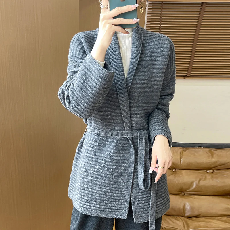 Autumn Winter New 100% Merino Wool Cardigan Women\'s Mid to Long Thick Sweater Jacket Fashionable Korean Knitted Large Size Tops