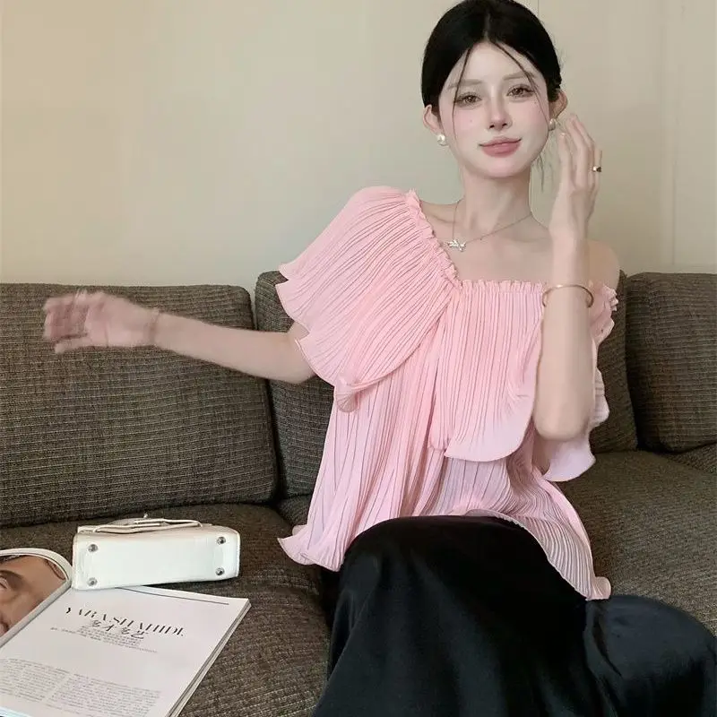 

Summer Simplicity Elegant Pleated Solid Color Slash Neck Sleeveless Shirts Ladies Fashionable Irregular Elasticity Blouse Tops