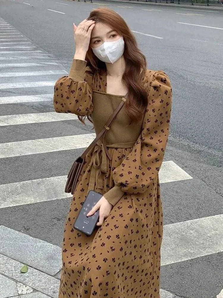 ชุดเดรสไหมพรมลายดอกไม้ คอเหลี่ยม สไตล์เกาหลี สำหรับผู้หญิง ฤดูใบไม้ผลิ ฤดูใบไม้ร่วง แบบ 2 ชิ้นในตัวเดียว