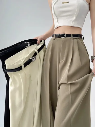2025 nuevos pantalones de mujer temperamento Casual de cintura alta pantalones rectos sueltos cinturón de regalo moda versátil pantalones de pierna ancha mujeres