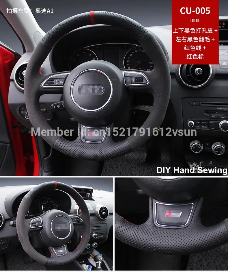 For Audi A1 A5 High Quality Hand-stitched Anti-Slip Black Leather Black Suede Red Thread DIY Steering Wheel Cover