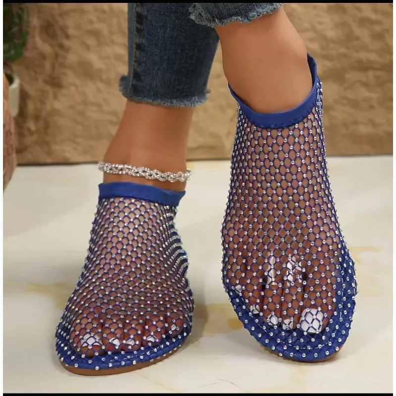 

Fashion Women Flat Sandals Rhinestone Fishing Net Sandals Flat Bottom Roman Flat Party Shoes Lightweight Designer Shoes Women