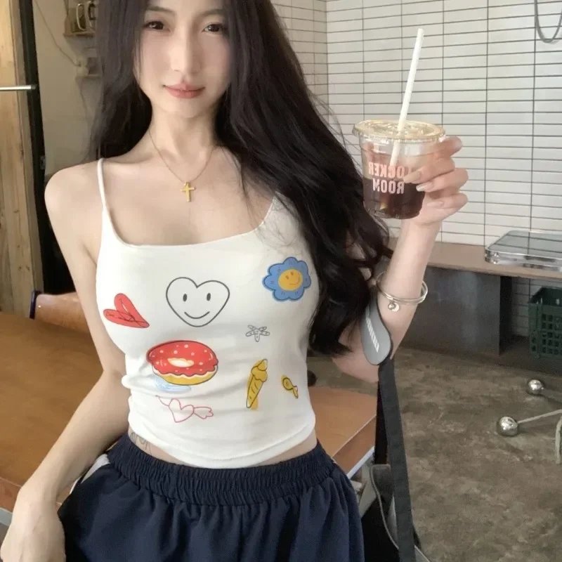 

Sweet Cute Girls Tanks Tops with Breast Pads Sleeveless Women's Camis Cool Cropped Top White Spaghetti Strap Camisole Summer