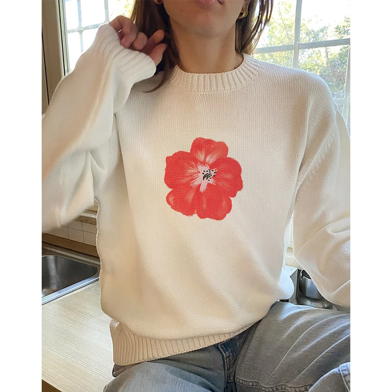 Korean Style Winter Loose O Neck Long Sleeve Sweater Elegant Flower Print Men Women Pullover Tops Fashion Knit Casual Sweaters