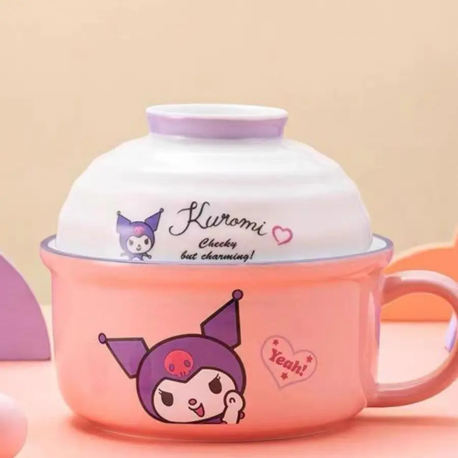 Nowa Kreskówkowa Miska na Nudle Instant Śliczna Sanrio Kawaii Studencka Miska na Owoce do Akademika Kuchenka Mikrofalowa Ceramiczna Miska z Pokrywką Prezenty Zabawki