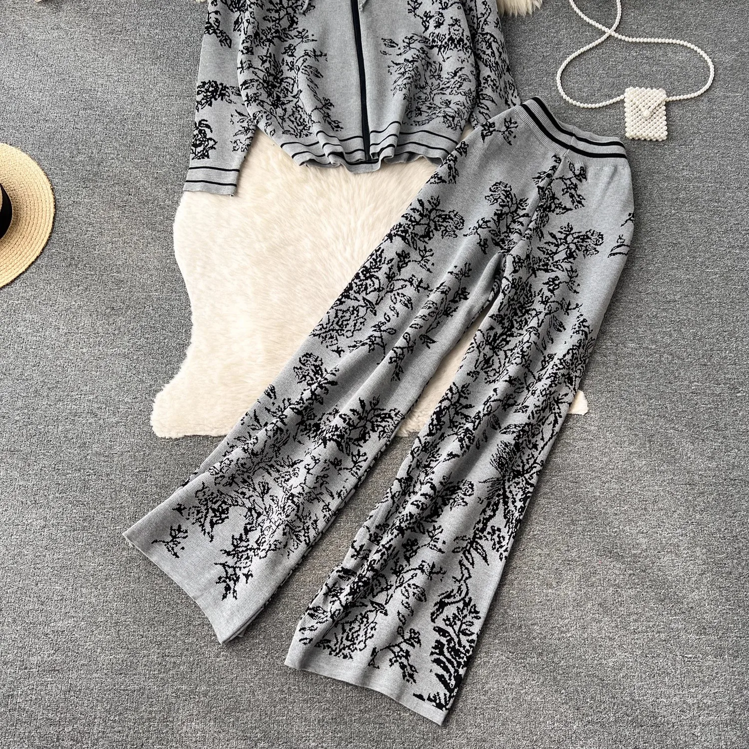 Fashion Floral Print Knitted Two Piece Set Women Autumn Winter Long Sleeve Hooded Cardigan + Pants Suit Outfits