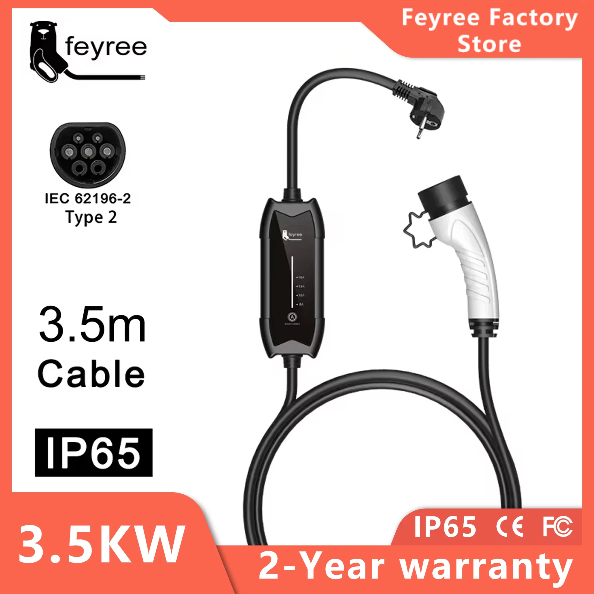 feyree EV Portable Charger Type2 / GB/T Plug 16A Single Phase 3.5KW Type1 3.5m Wallbox Charging Station for Electric Vehicle