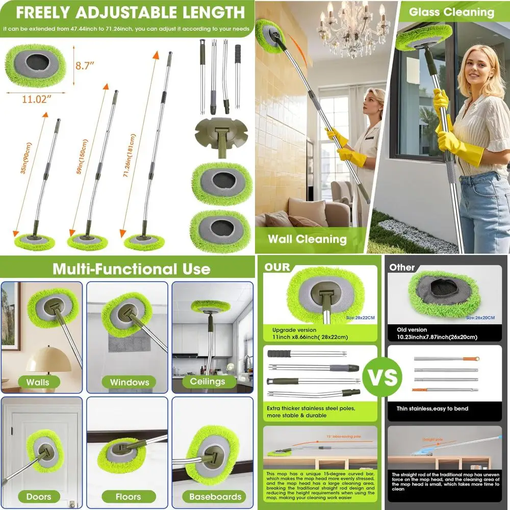 

Настенная швабра с длинной ручкой Max 71, 15. ° Удлинитель, тряпка для потолка и плинтуса, инструмент для очистки с высоким выходом - зеленый