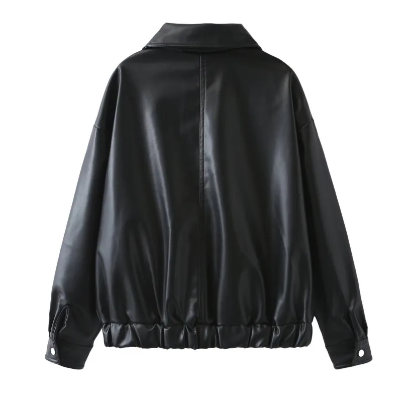 Women's Autumn Winter PU Leather Jacket Black New Fashion Turn-down Collar Slanted Pockets Leather Jacket Coat Comfortable Warm