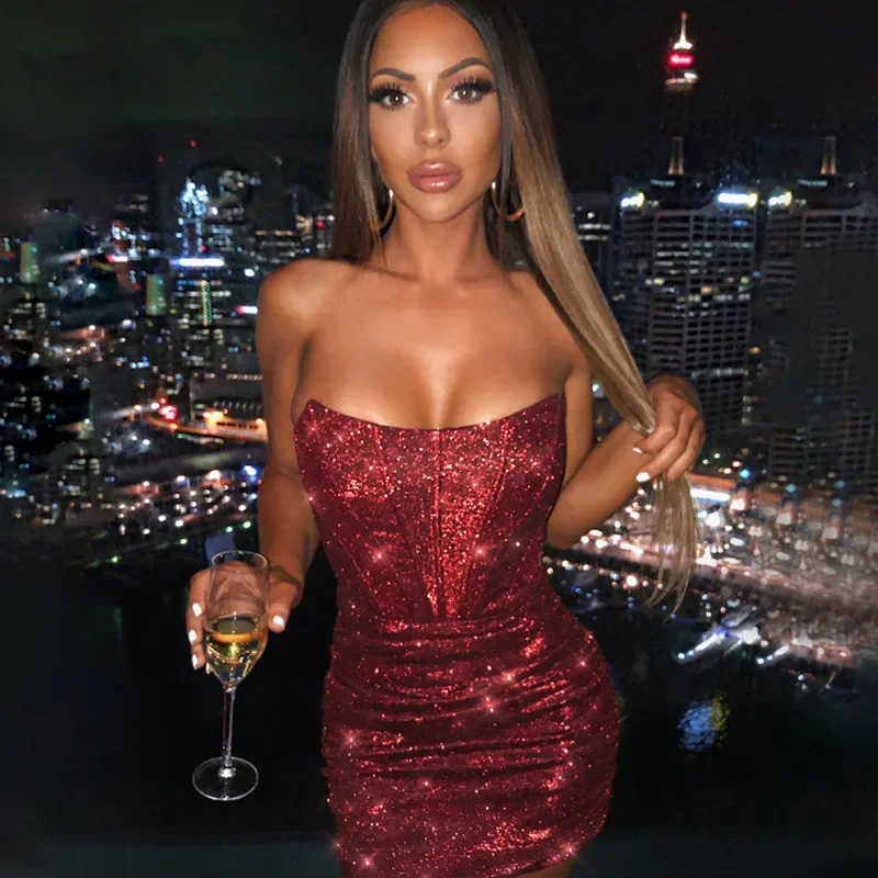 2025 Summer Elegant Ruched Christmas Corset Mini Dress Sexy Bodycon Glitter Strapless Vestidos  Night Club Party Woman Dress