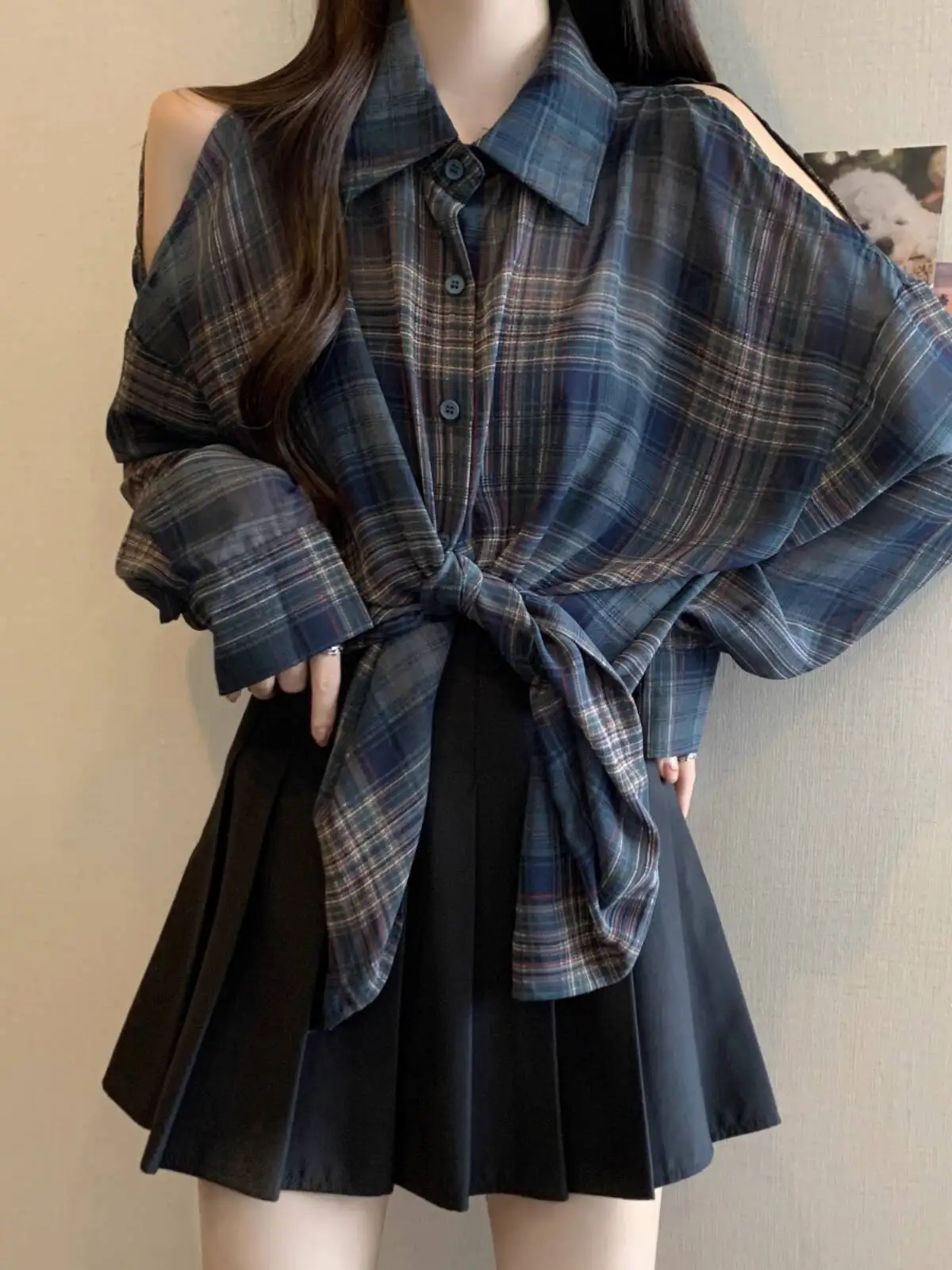 Women's Plus Size Lazy Style Plaid Shirt Irregular Off Shoulder Long Sleeve Tummy Hiding Versatile Outerwear Top