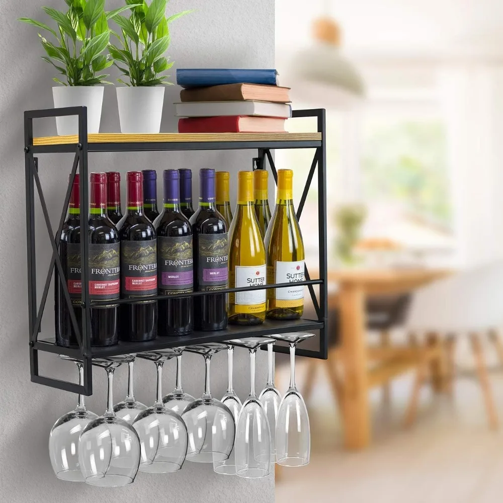 Wall Mounted Madeira Wine Rack, Wine Racks com 5 Stem, suportes de vidro, 2-Tier