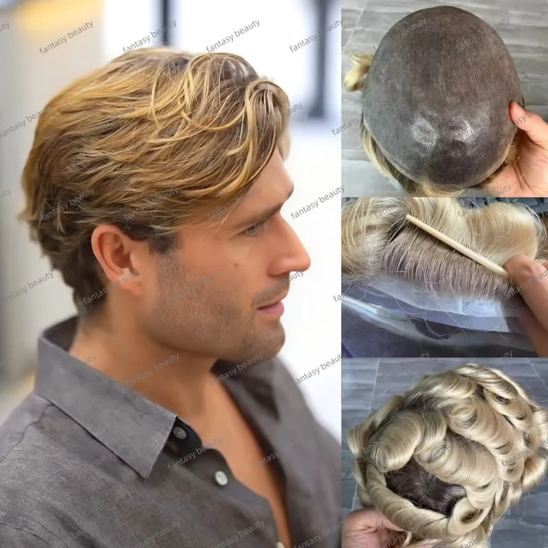 كامل الدانتيل 1B/T60 الرجال الشعر المستعار شعري طبيعي الذكور الشعر المستعار الأبيض جذور سوداء 100% الأصلي خصلات الشعر المستعار الإنسان للرجال استبدال