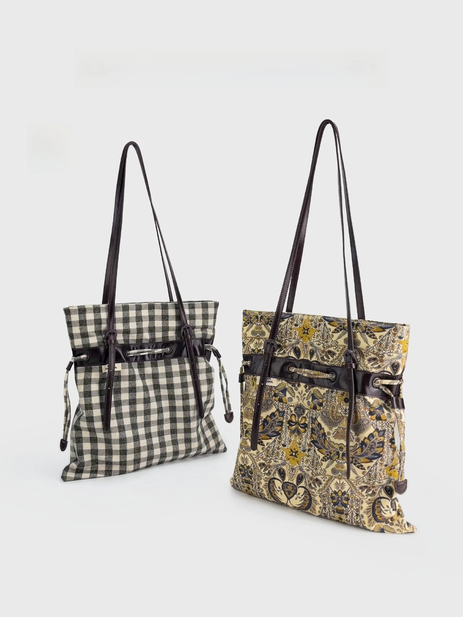 SpicyCapSoul Retro Tote Bag with  Knot Single Shoulder Crossbody Bag Fabric Body Top Layer Cowhide Ladies Bag
