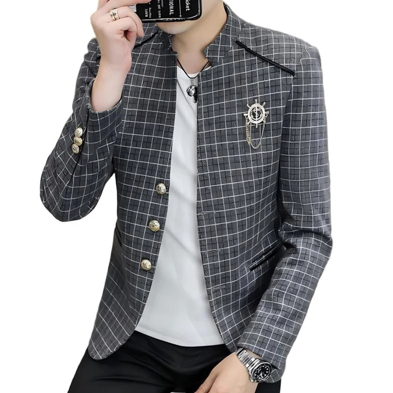 

Stand Collar Men Checkered Casual Blazers British Style Three-Buttons Single Breasted Plaided Suit Jacket