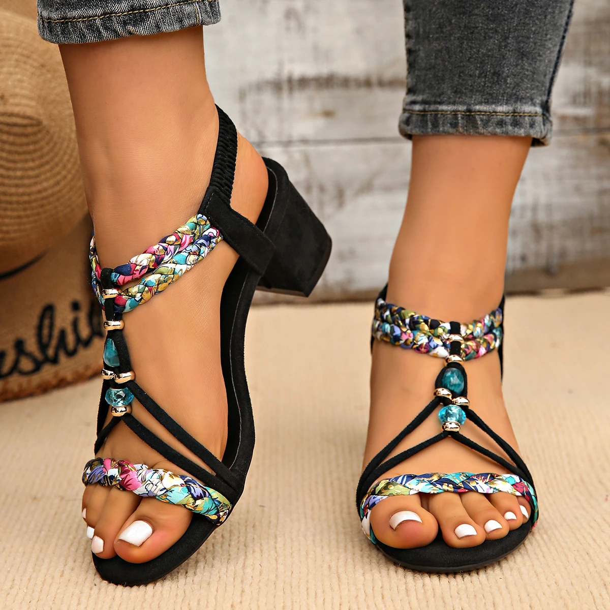 Plus Size 42 Bohemian Beaded Sandals Women Thick High Heels Elastic Strap Gladiator Shoes Woman Summer 2026 Sandalias De Mujer view 2