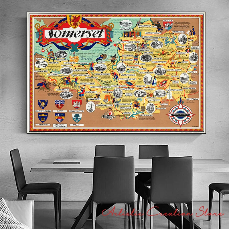 Vintage Map of Somerset South-West England Poster Artwork British Railways Canvas Painting Pictures Wall Art Home Decor Cuadros