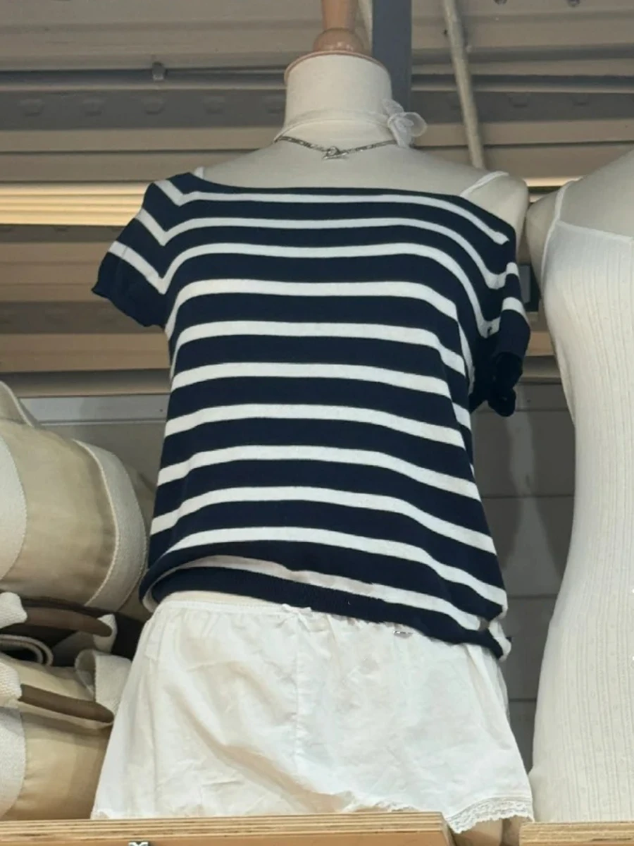 

Вязаные укороченные топы в полоску с квадратным вырезом, женские летние повседневные тонкие свитера, топы с короткими рукавами, винтажные шикарные футболки в консервативном стиле Y2k