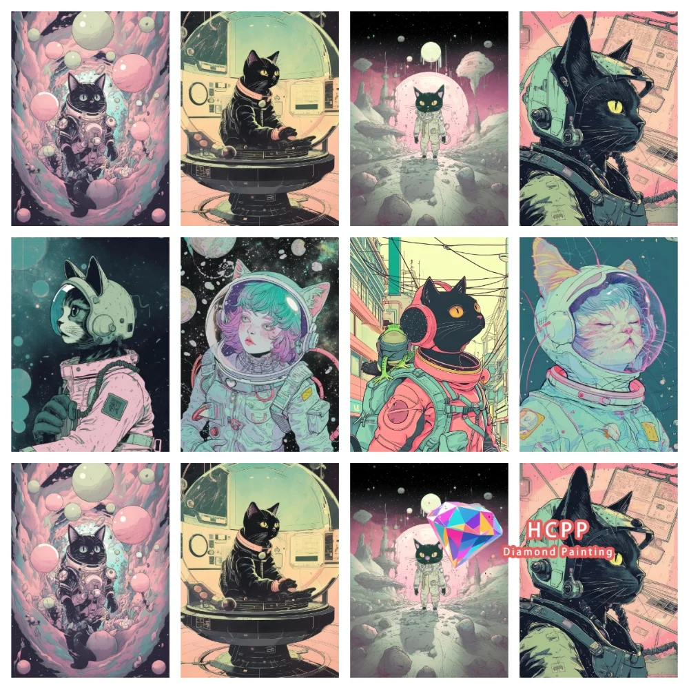 Modernes Pop-Art Weltraum-Katze Kosmische Stadt Diamant-Malerei-Set Quadratische Runde Diamanten 5D DIY Mosaik Handgemachtes Kunstgeschenk Heimdekoration