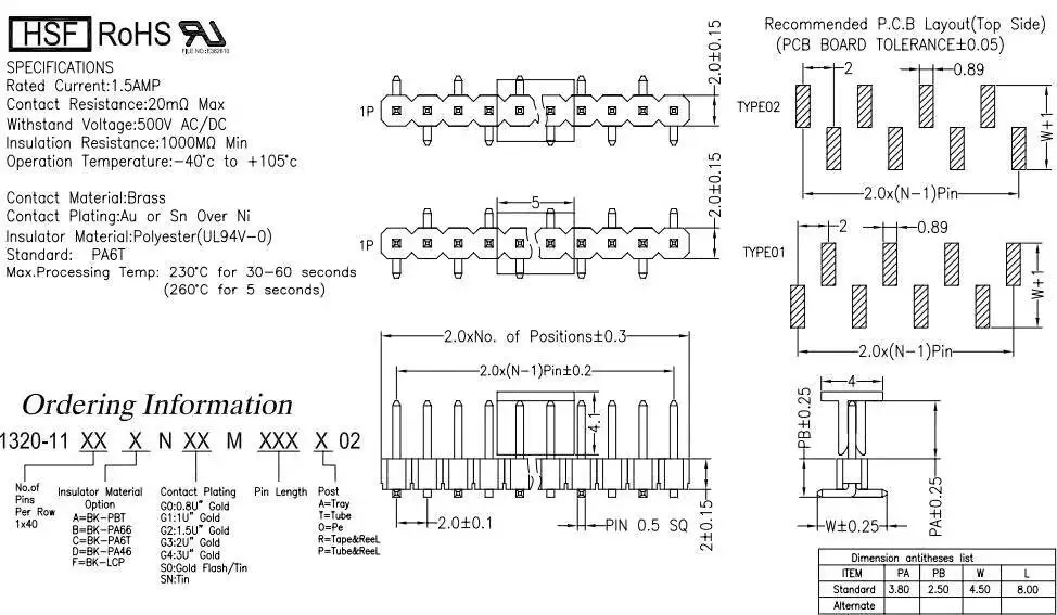 1 Stück SMD Einreihiger Doppel-Buchsenstecker 1*40P 2×40P Versetzter Rastermaß 2,0 mm Vertikaler Typ – Detail 2