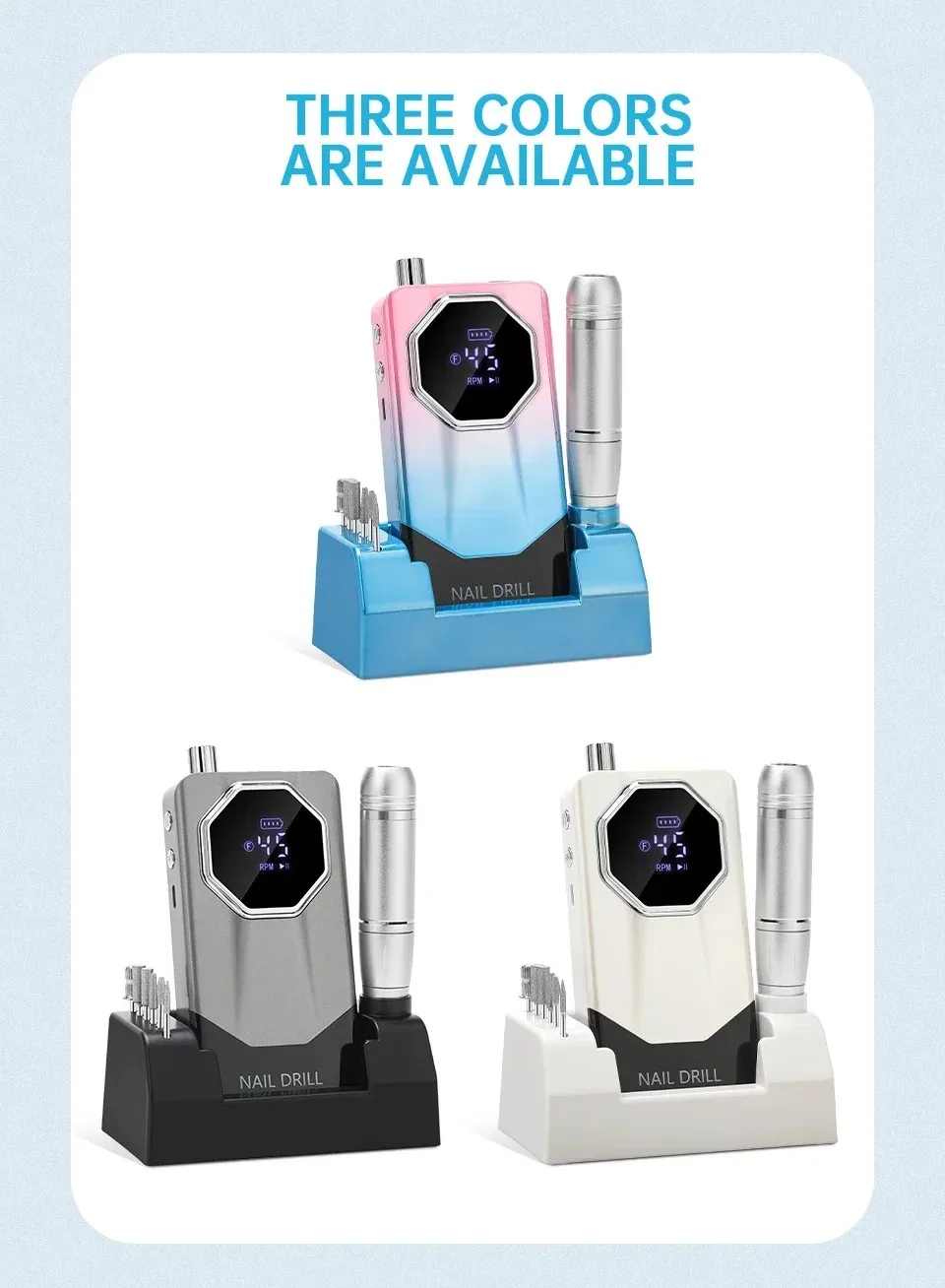 Frezarka do paznokci 45000 obr./min z dużym wyświetlaczem LCD, akumulatorowa, do paznokci, żelu, lakieru akrylowego, elektryczna szlifierka, przenośny pilnik do manicure