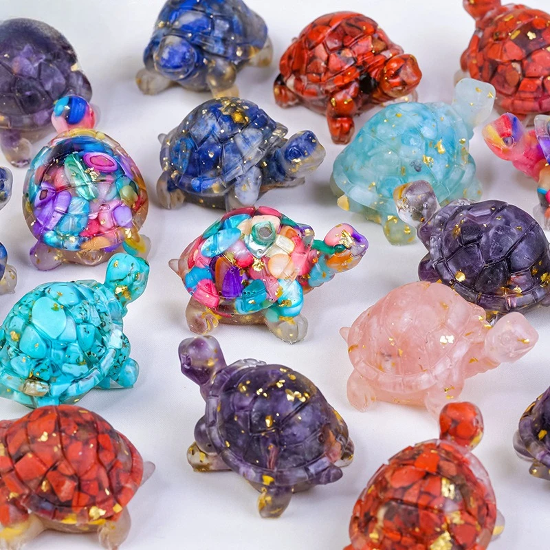 Natural Crystal Crushed Stone Epoxy Turtle Ornament Mini Resin Tortoise Statue for Fish Tank Desktop Decoration Craft