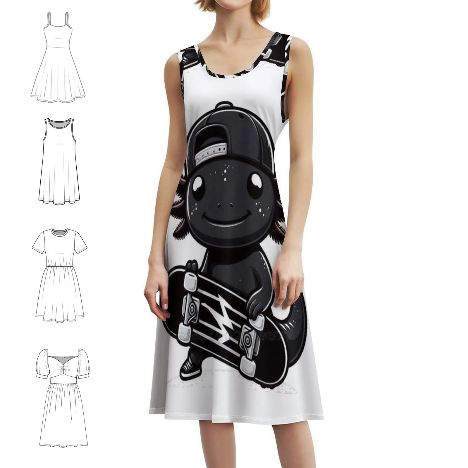 

Черное богемное платье без рукавов Axolotl Skater для женщин, пляжные вечерние платья с принтом, Axolotl, черный аксолотль, черный меланоид, женский