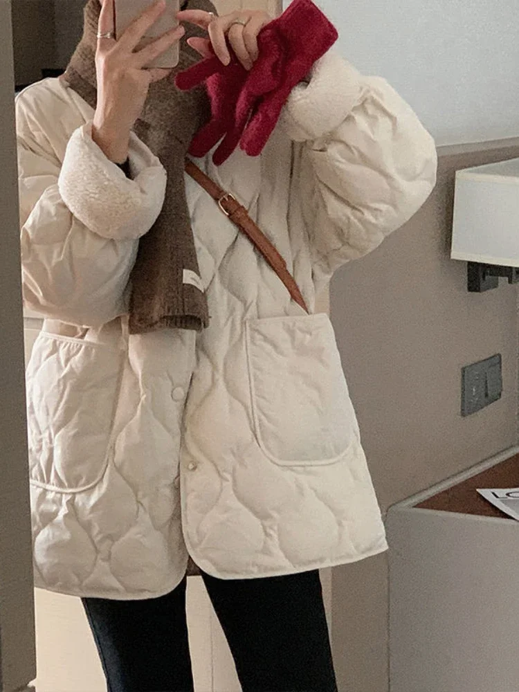 V-neck Parkas Women Solid Simple Office Ladies Plus Velvet Thicker All-match Korean-style Winter Warm Design Front Pockets Chic