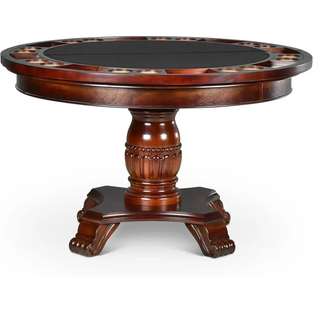Round Poker Table with Leather & Wood, 51 Diameter, Pedestal Base, Removable Top, Caster Wheels, Chairs, Poker Chips, Drink Hold