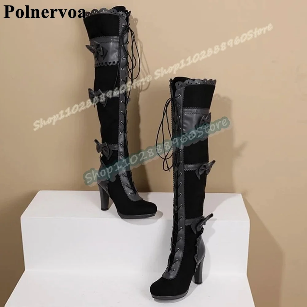 الركبة عالية الأسود Bowknots الربط عبر تعادل الأحذية مكتنزة أحذية عالية الكعب للنساء الجانب سستة جولة تو أحذية أنيقة للحفلات #1