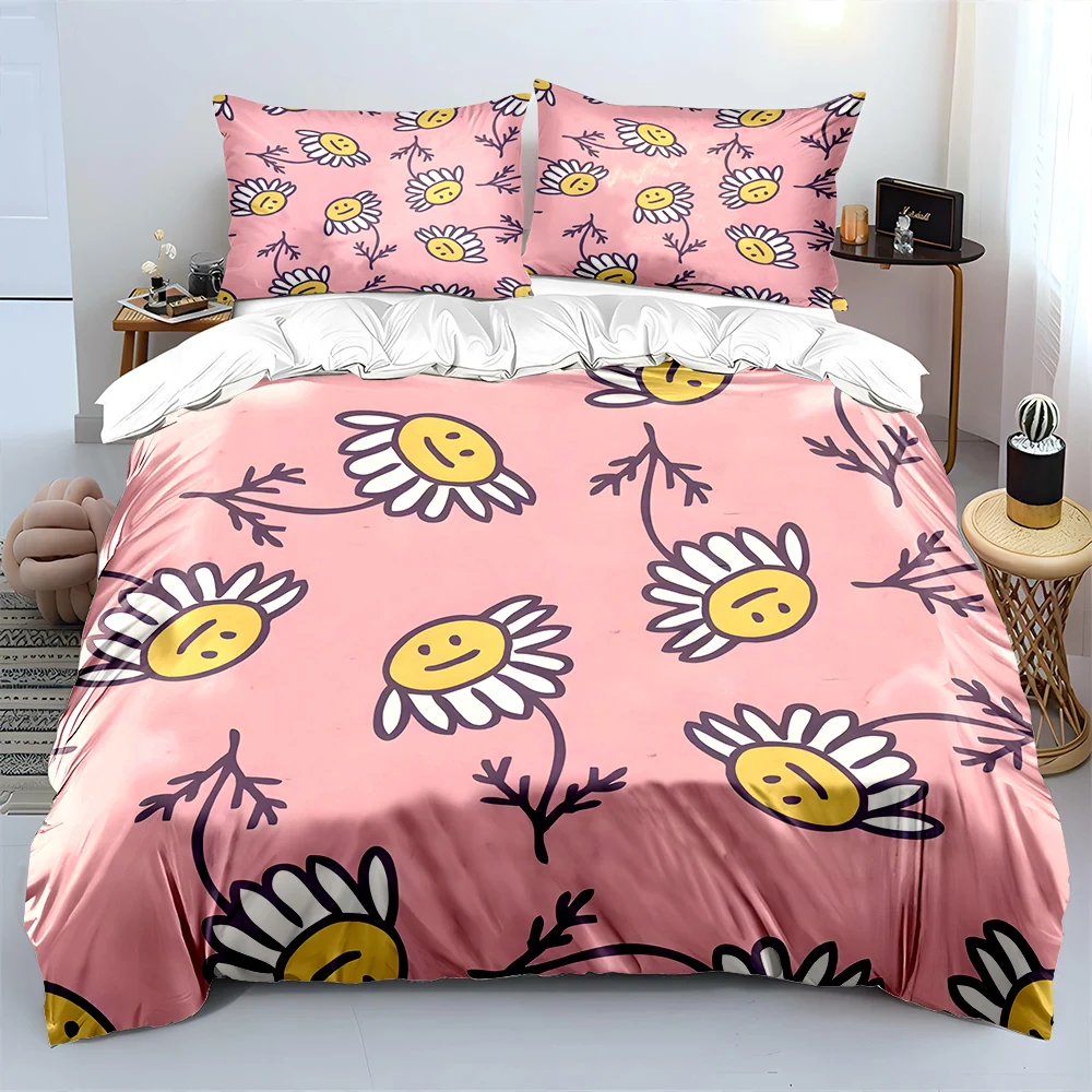 Cartoon daisies with pink pattern Bedding Set for Kids Luxury Gift 3pcs Digital Print Comforter Set Soft Comfortable Breathable
