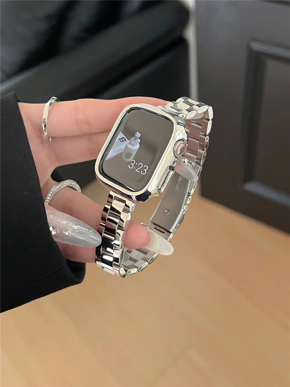 Błyszczący pasek na nadgarstek ze stali nierdzewnej + etui zderzak do Apple Watch Ultra 2 9 8 7 6 5 49 mm 45 mm 44 mm