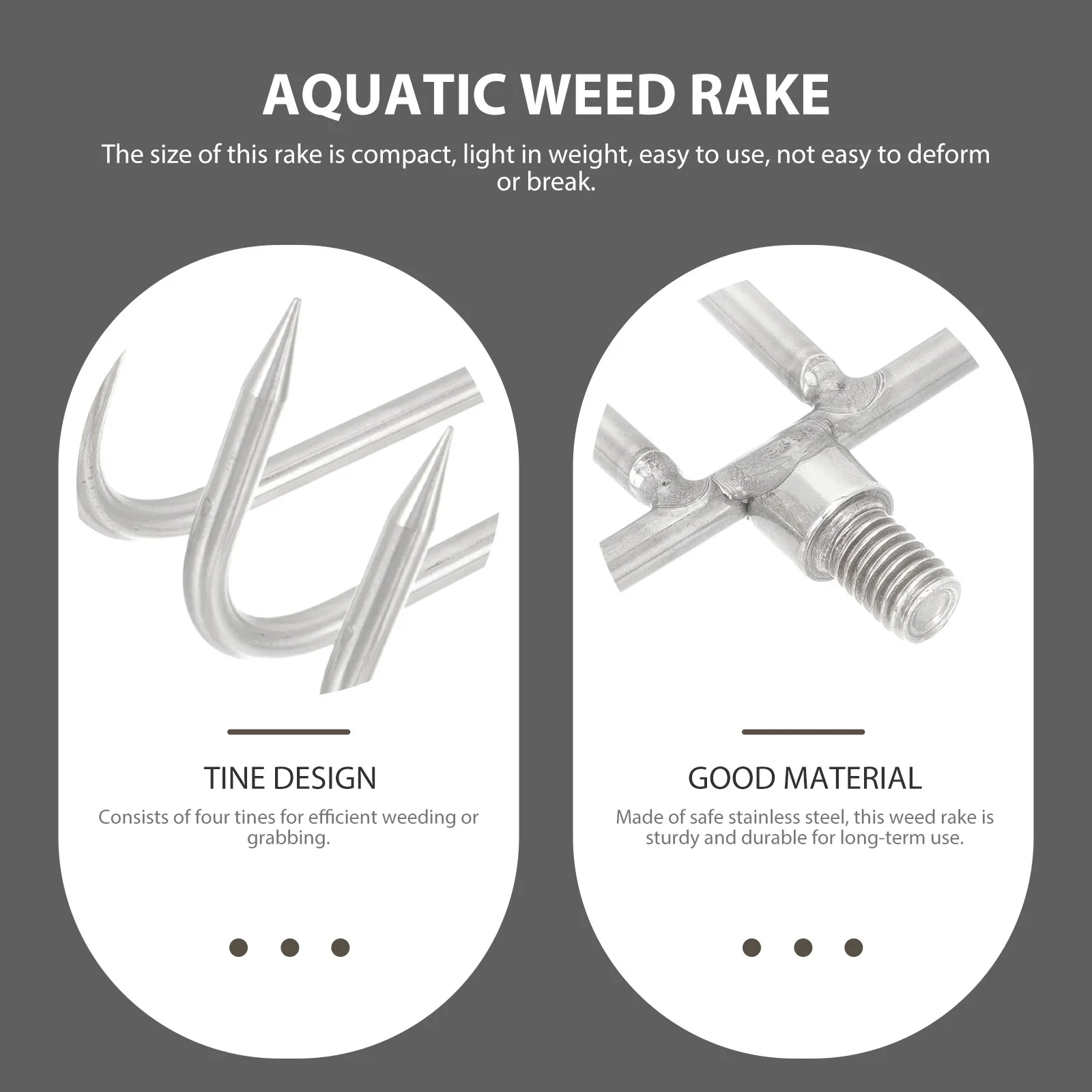 4-Teeth Portable Stainless Steel Aquatic Weed Rake for Pond, Lake & Stream Water Weed Removal
