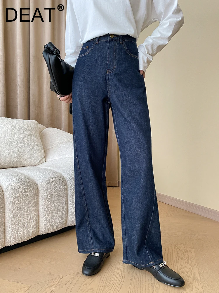 DEAT Fashion Women's Contrast Color Open Line Jeans High Waist Straight Wide Leg Full Length Denim Pant Autumn 2024 New CPG2336