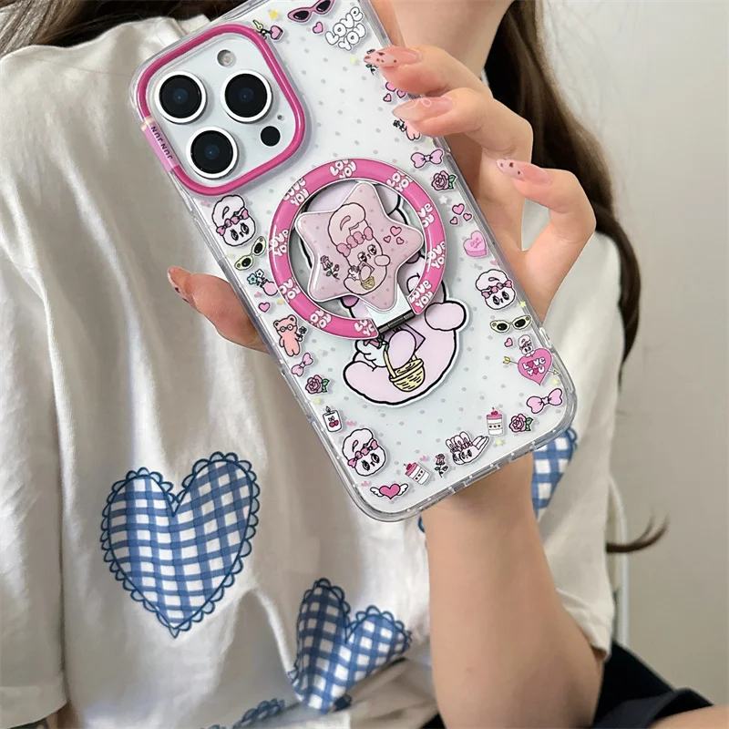 Korean Cute Pink Rabbit Magnetic Phone Case For iPhone 16 Pro 15 13 14 Pro Max Cover with Magsafe Stand Holder Grip Kawaii Cases