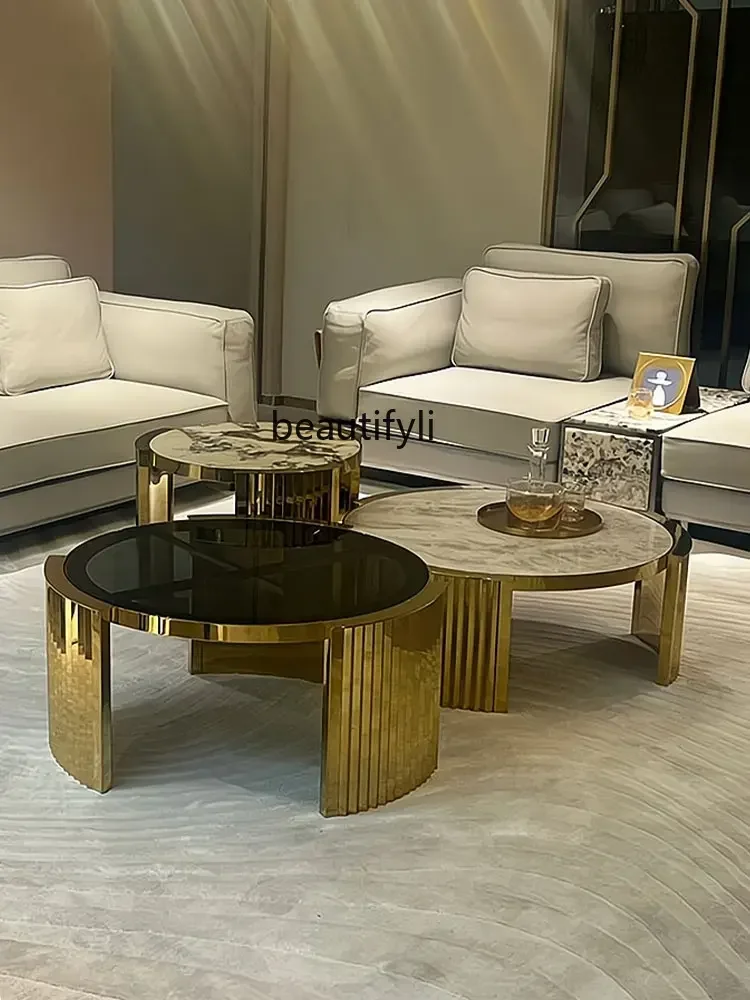 

Round Tea Table Combination Luxury High-Grade Stainless Steel Marble Living Room Coffee Table Side Table