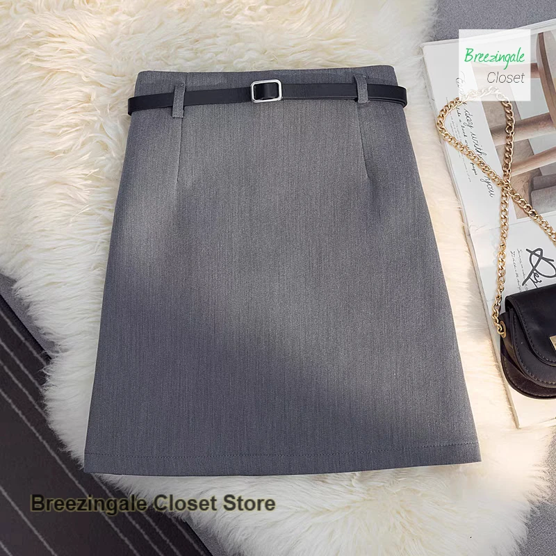 

Korean-style fashion with belt gray skirt women's spring and summer new high waist slim hip skirt anti-exposure A-line skirt