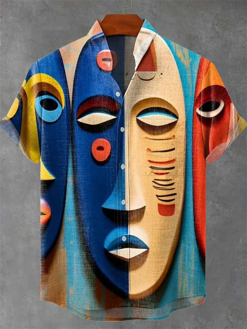 الرجال مريحة للتنفس عادية قصيرة الأكمام قميص مخطط ثلاثية الأبعاد مطبوعة زر موضة قميص رجالي Camisas Hombre مجردة #1