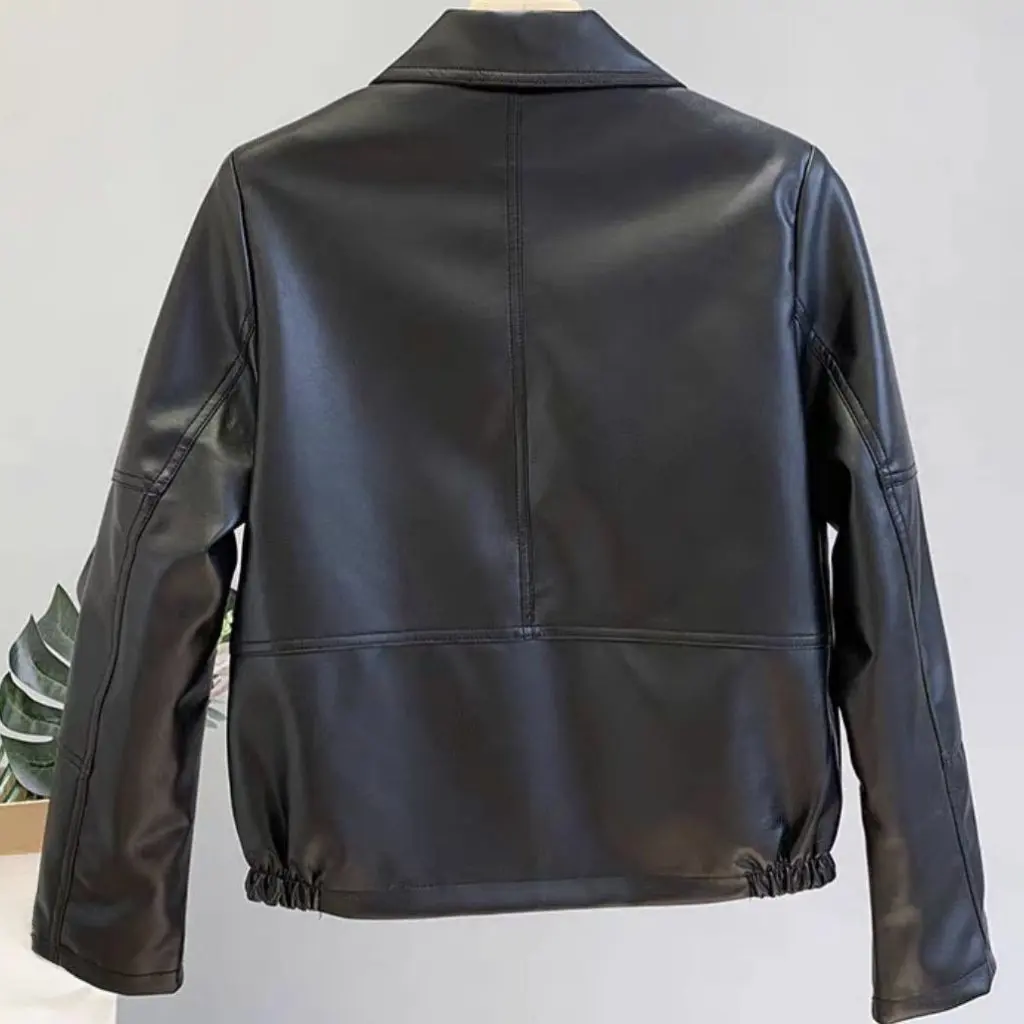 แจ็คเก็ตหนังสไตล์เกาหลีทรงหลวมแบบสั้น ปกพับได้ หนัง PU ลุคเท่ห์สไตล์ยุโรปอเมริกัน สำหรับผู้หญิง