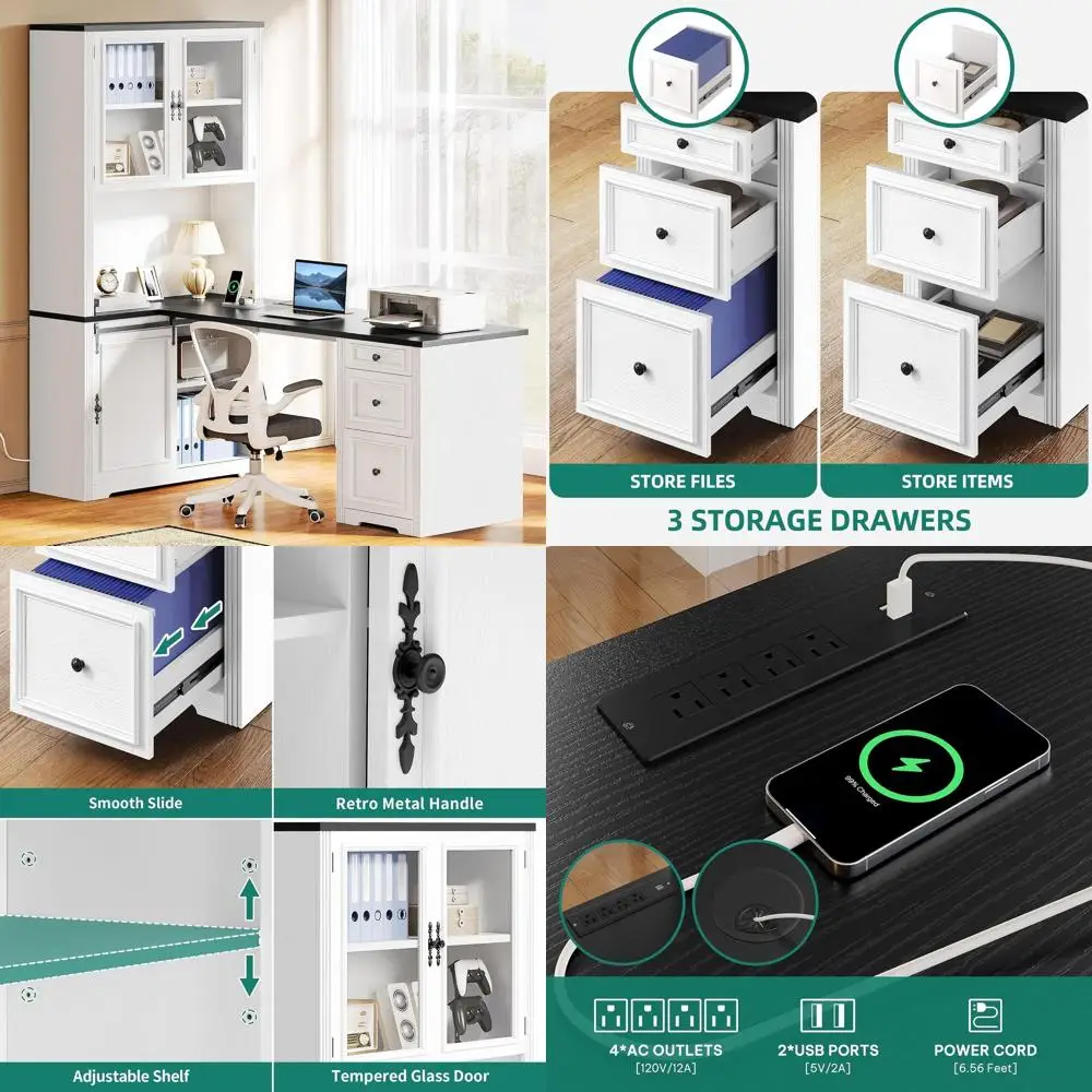 

L-Shaped Executive Desk with Hutch, Power Outlets, Drawers, Sliding Door Storage Cabinet, White & Black