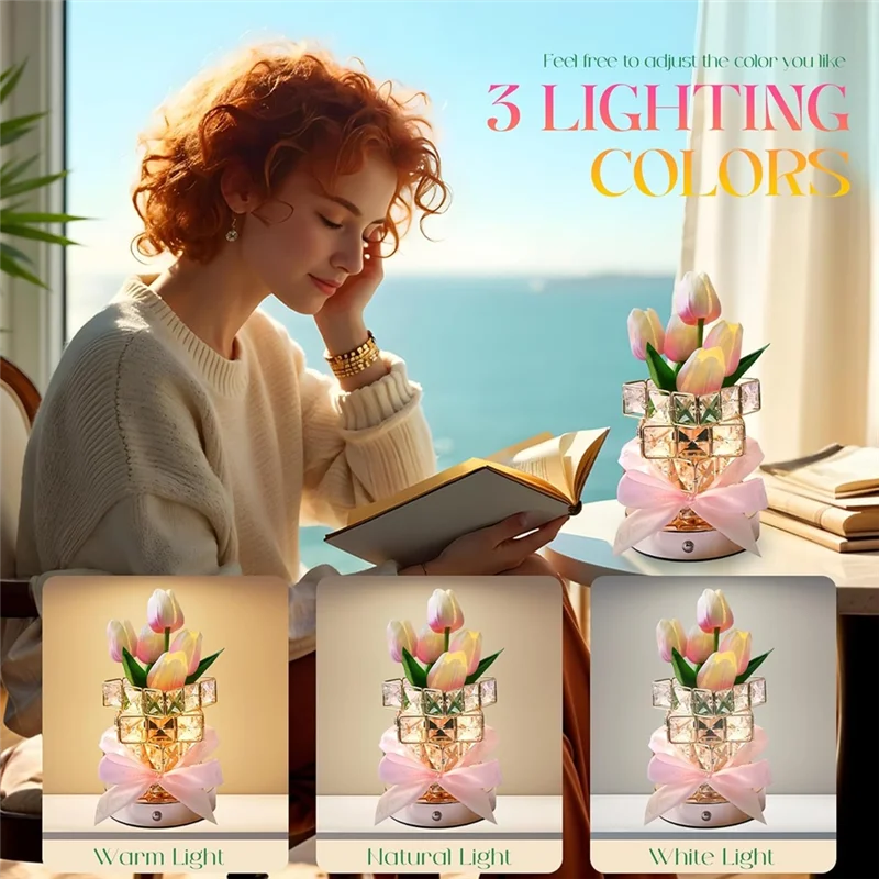 ABKO-Lámpara de flor de tulipán recargable inalámbrica, luz nocturna alimentada por batería regulable de 3 colores, lámpara de mesa pequeña controlada por tacto