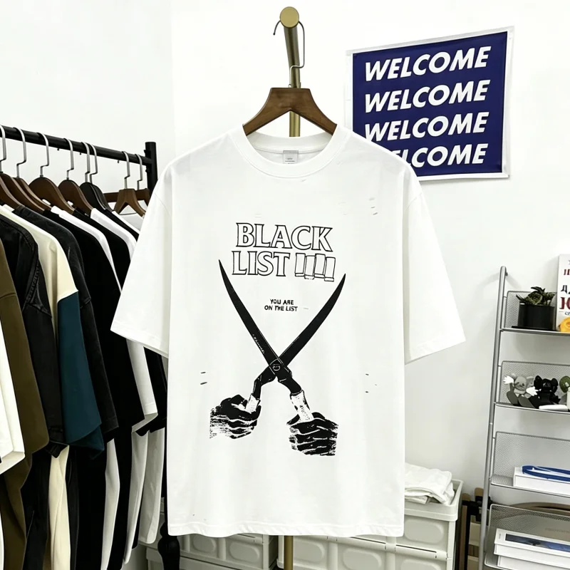 

American High Street Fashion Brand B Scissors Print Hole Short Sleeve Men's Heavy Wash Casual Loose Couple round Neck T-Shirt
