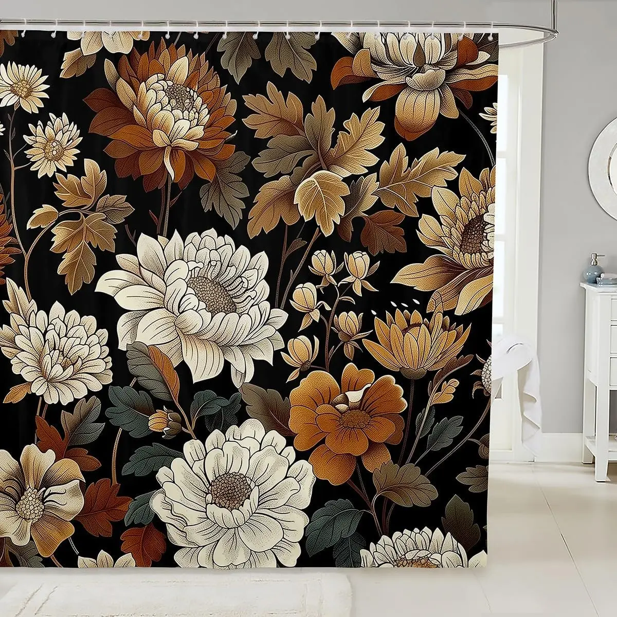 Dramatic Botanical Floral Shower Curtain Black Background Luxury Autumn Leaves Print Bathroom Decoration 180x180cm Home Decor