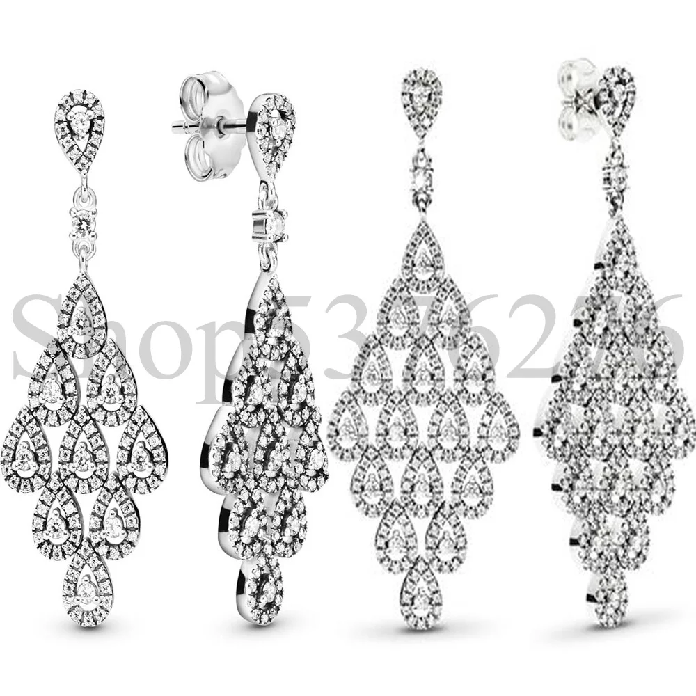 

Authentic 925 Sterling Silver Cascading Glamour Sparkling Teardrop Chandelier Fashion Dangle Earrings For Women Gift DIY Jewelry