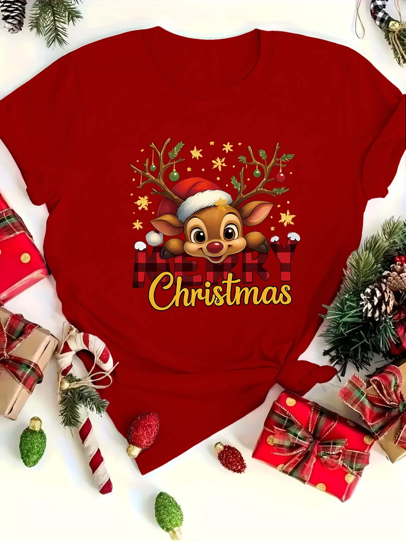    المرأة عيد الميلاد تي شيرت لطيف رودولف الأحمر الأنف الرنة عيد ميلاد سعيد طباعة Y2k السيدات الملابس المتضخم امرأة الملابس
