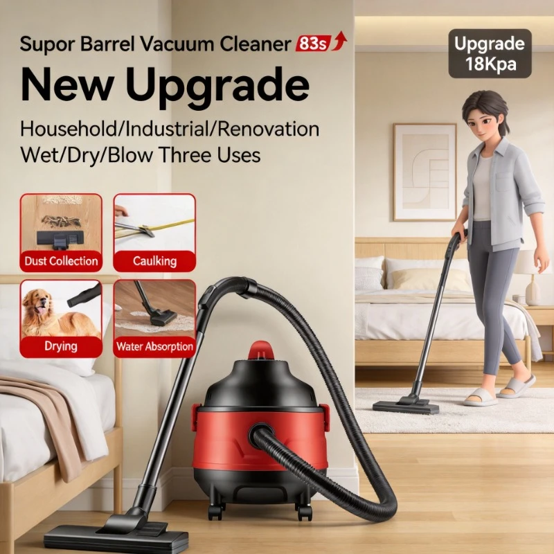 

High Suction Wet Dry Vacuum Cleaner, Industrial Barrel Type with Blowing Function for Household Beauty Sewing Site Cleaning